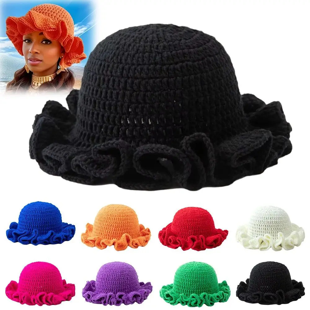 Polyester Crochet Knit Ruffle Beanie Sun Hat for Women
