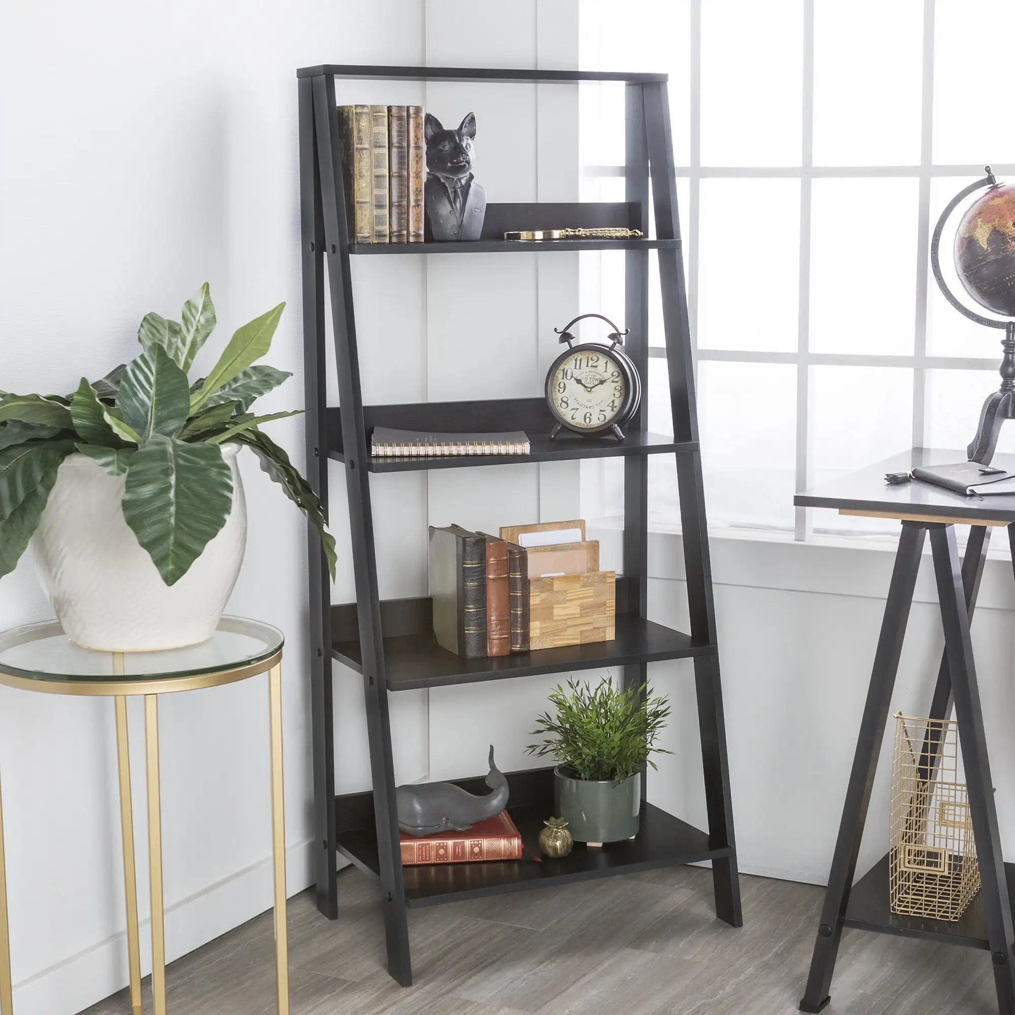 

4-Shelf Wood Leaning Ladder Bookshelf, Black
