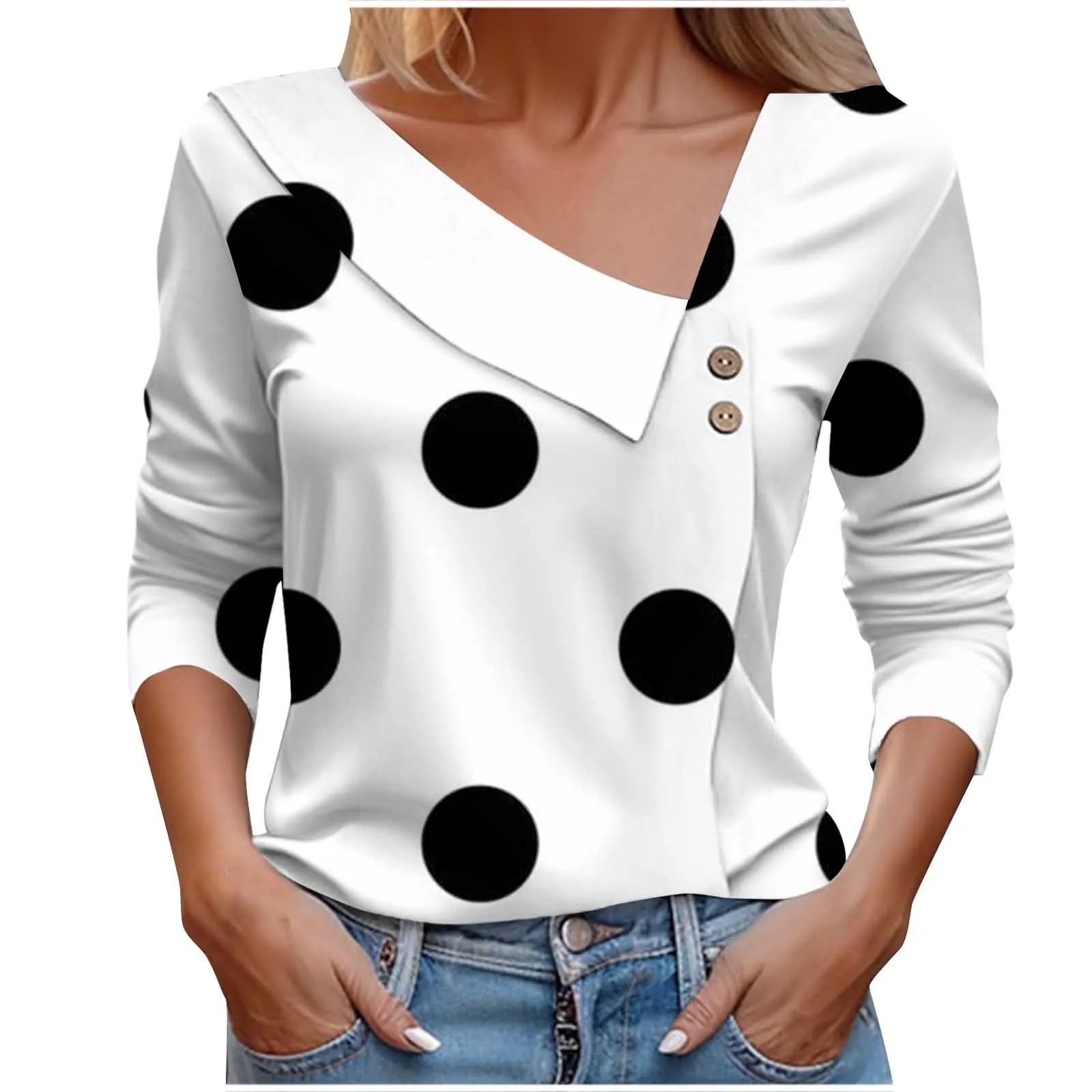 

Polka Dot Printed Women T Shirt Skew Collar Long Sleeve Elegant Casual Female Tops T Shirts Fashion Simple Style Lady Tees 2023