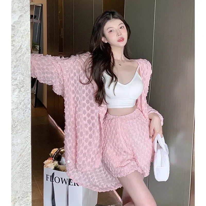 

2024 Summer Loose Sun Shirts Sling Short Pants 3 Piece Set Korean Lady Beach Travel Thin Pink Blouse Crop Vest Tops Pant Outfits