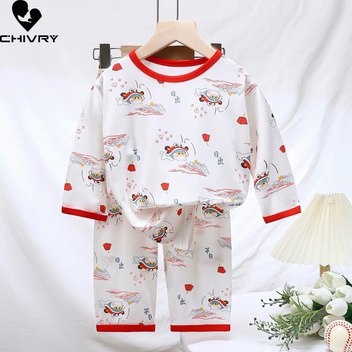 

Kids Summer Thin Pajamas Sets New 2023 Boys Girls Cartoon Print Three-quarter Sleeve O-neck T-shirt with Pants Baby Homewear