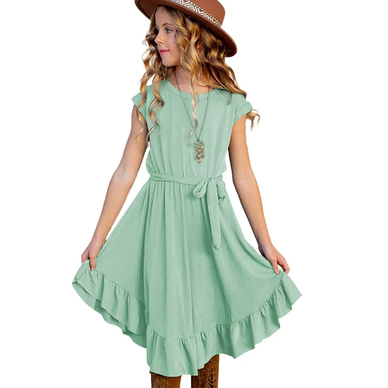

Children Girls' Dress Long Skirt and Kids Daughter Birthday Gift Solid Round Neck Skirt Simple Stylish Summer Autumn 2023 Hot