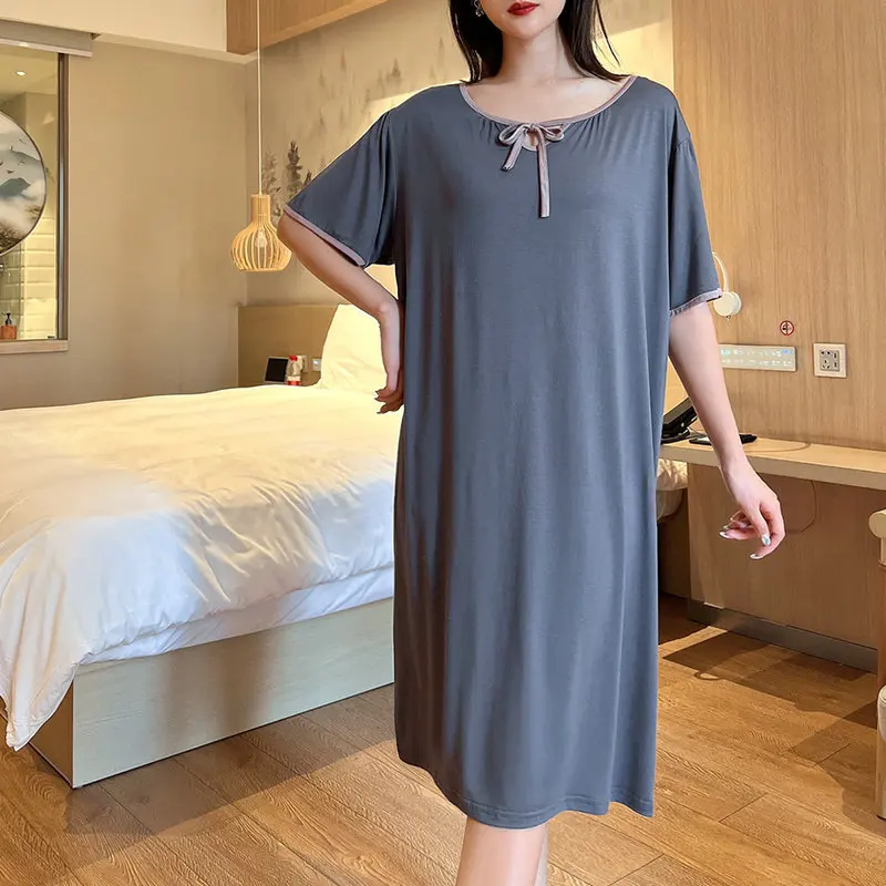 

Fdfklak INS Short Sleeve Modal Nightdress Women's Nightshirt Summer Nightgowns New 2023 Drawstring Loose Sleepwear Bottom Dress