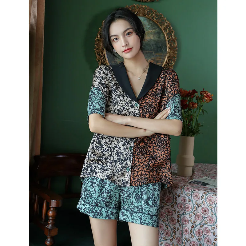 Floral pajamas women's shorts short-sleeved two-piece new fashion women pijama  سكسي نيك