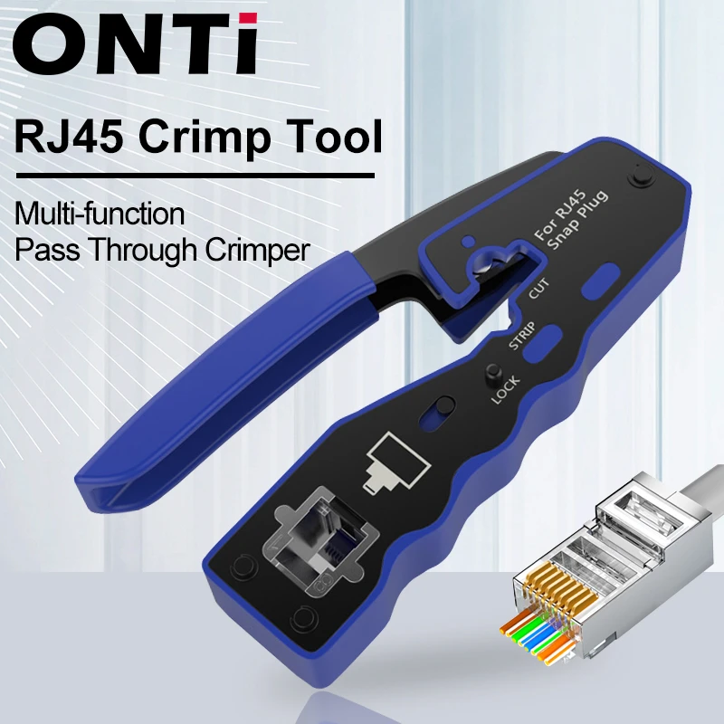 ONTi RJ45 Crimp Tool Pass Through Crimper for Crimping Cat8/7/6/5 Cat5e Connector with Replacement Blade Ethernet Cable Stripper elegiant cable tester