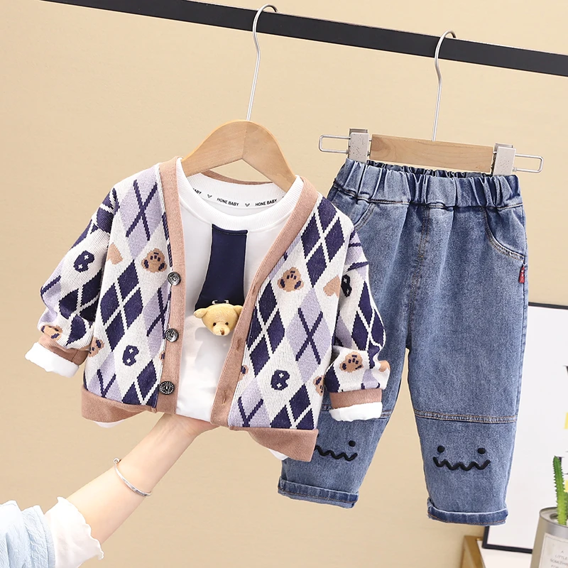 

Spring Baby Boys Clothing Sets Infant Tracksuits Kids Sportswear Cartoon Bear Coats Sweatshirt Jeans Children Clothes Outfits