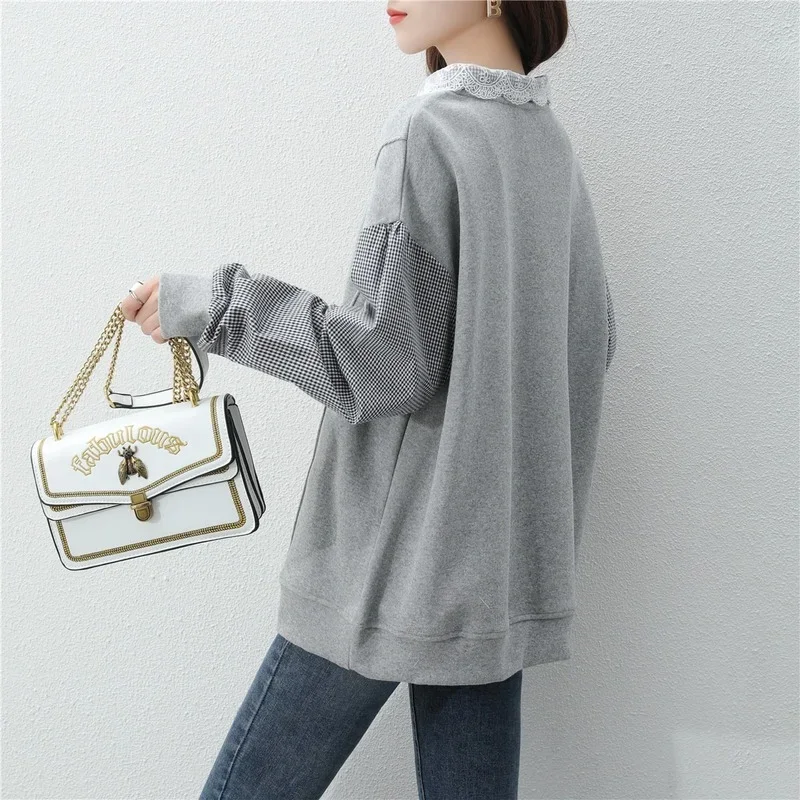 Women Turn Collar Simple Patchwork Sweatshirt 2024 Autumn Loose Lapel Stitched Casual Long Sleeve Pullover Female Stylish Tops