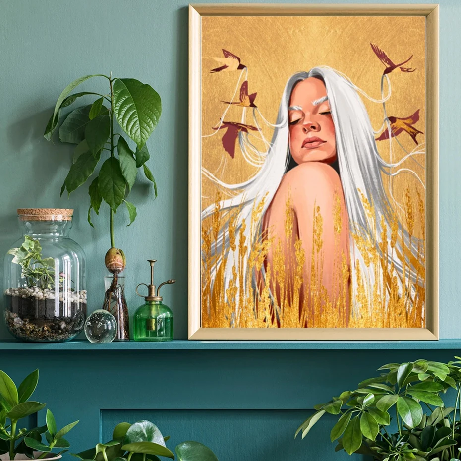 

Vintage Wall Art Oil Painting Girl With White Hair In Golden Wheat Posters Prints Printed On Canvas for Living Room Home Decor