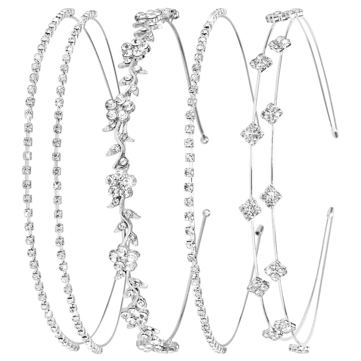 4pcs Rhinestone Headband Bridal Wedding Crystal Flower Girl Leaves Crown Metal Hair Band Tiara Prom Hair Accessories for Women