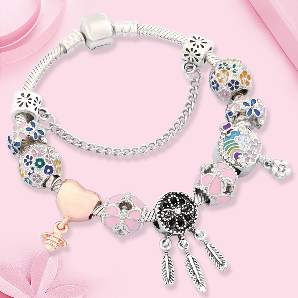 Mix Stil rosa Blume Herz Charme Armbänder trend ige rosa Kristall Perlen Armband schöne Pflanze Tier Schmuck für Frauen Mädchen Geschenk – Detail 9