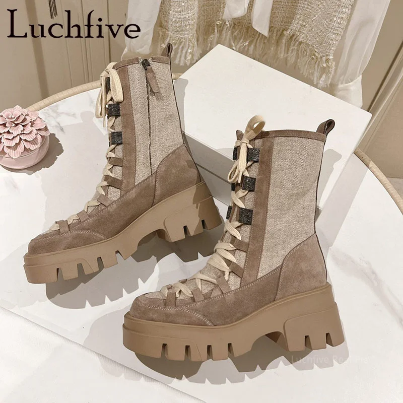 

High Quality New Autumn Winter Suede Platform Women Boots Lace Up Round Toe Thick Sole Runway Short Boots