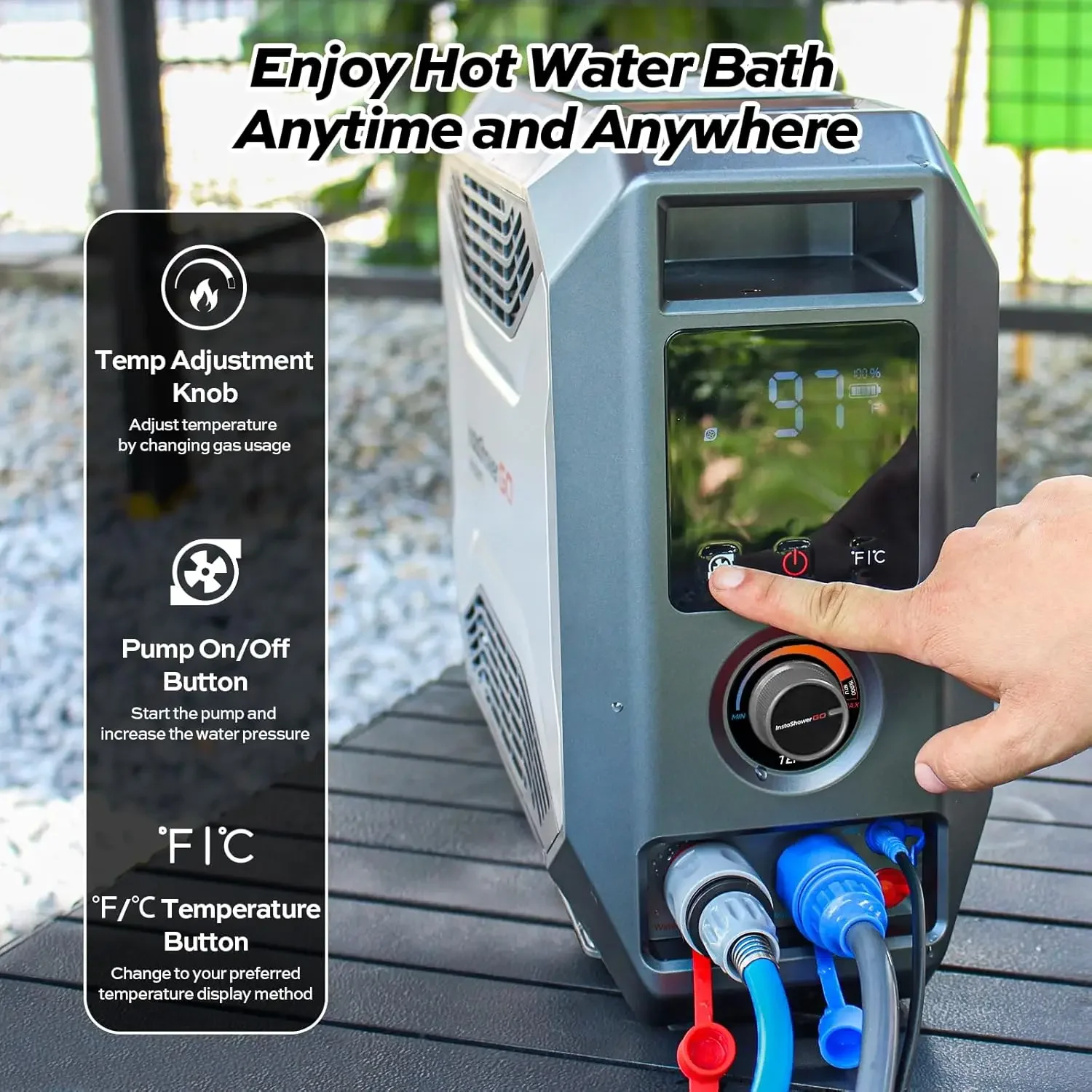 Gas Water Heater, InstaShower GO, Propane, 19,000 BTU, with 5000mAh Rechargeable Built-in Battery, DC 12V, Outd