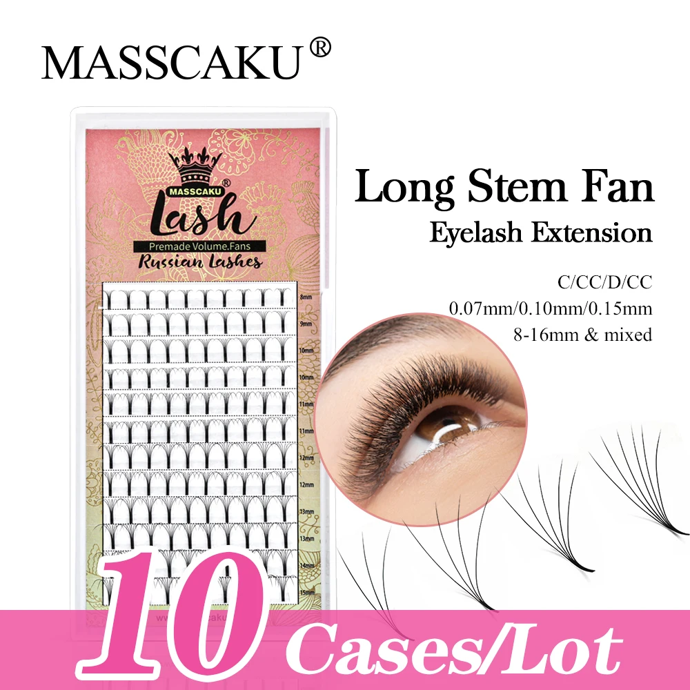 

MASSCAKU 10Pcs/lot New Premade Russian Volume Fans 5D 0.07C Mix Tray Mink Eyelashes Long Stem Lash Pre made Eyelash Extensions