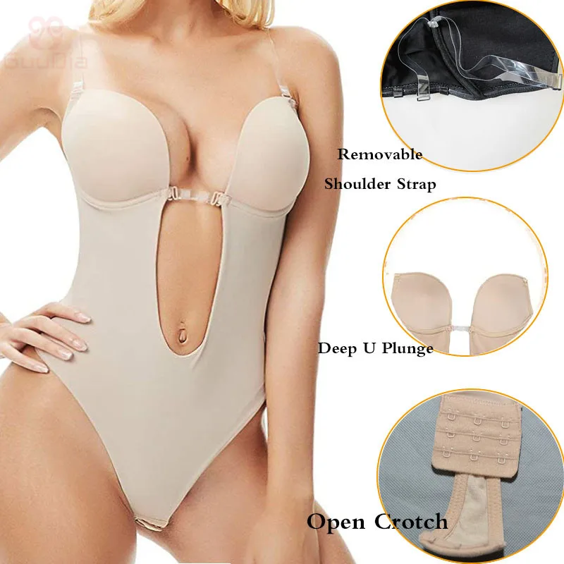 Women's Backless Shapewear Deep V Bodysuit U Plunge Seamless Thong Low Back  Body Shaper Bra(Nude,M-34/75B)