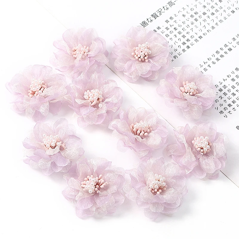 5Pcs Chiffon Künstliche Blumen Kopf Stoff Applique Kleid Nähen Liefert Patches Zubehör Für Kinder Mädchen Haarnadel Dekoration – Detail 8