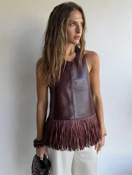Tossy Female Tassel Backless PU Tank Top Sexy Patchwork Slim Summer 2026 New High Waist Commute Top Women's PU Leather Top Vest 1