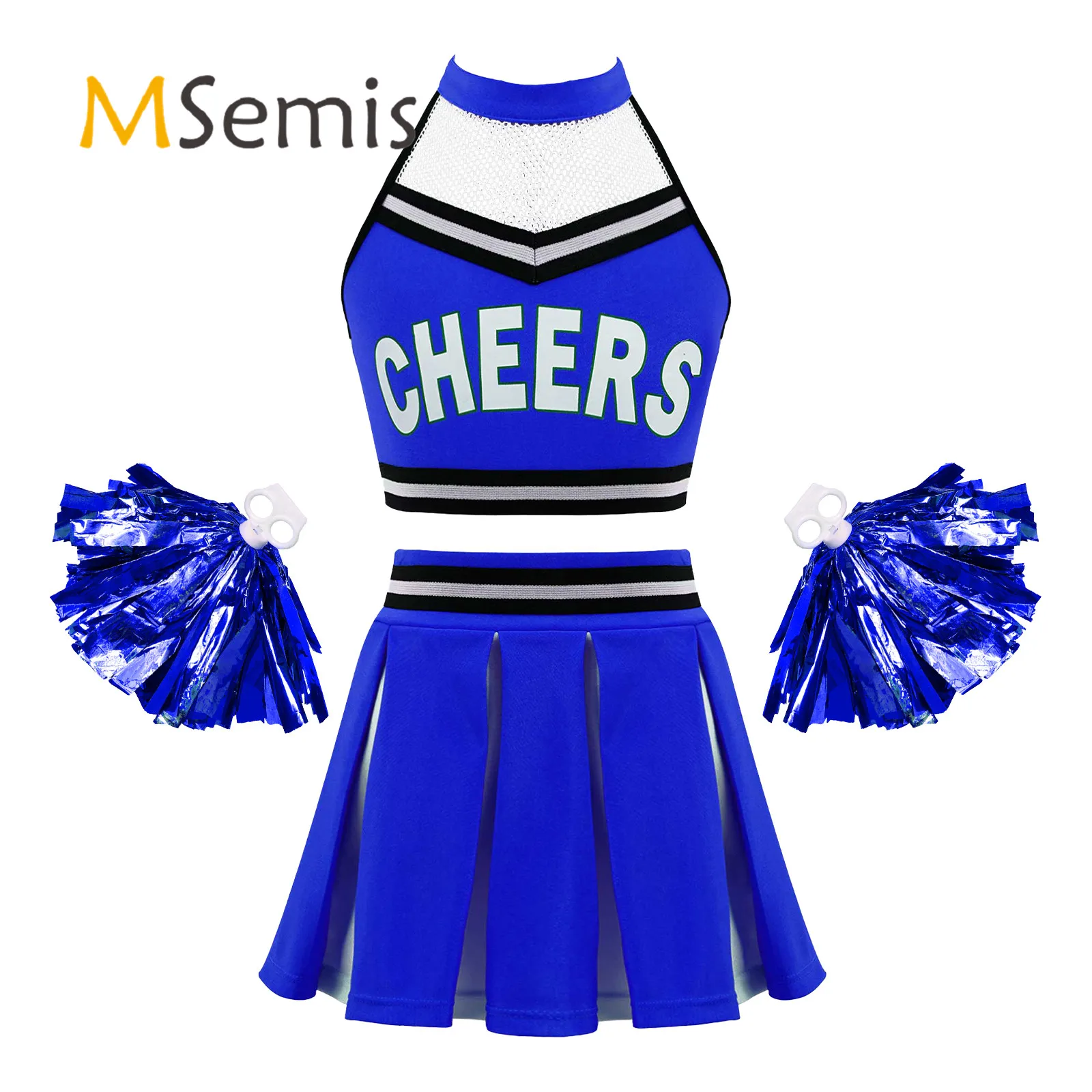 Kids Girls Cheerleader Dance Costume Halter Neck Backless Crop Top with Elastic Waistband Pleated Skirt Cheerleading Uniform