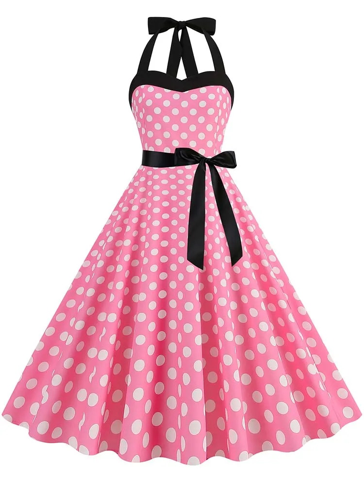 

Halter Pinup Vintage Dress 50s 60s Women Pink Polka Dot Casual Swing Summer Party Dresses with Belt