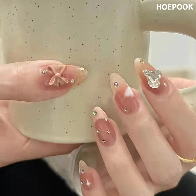 

24pcs Pink Drop-shaped Fake Nails 3D Bow Decorative False Nails Art Full Coverage Removable Waterproof Artificial Press on Nail