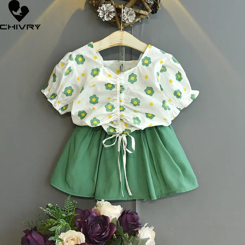 

Girls Summer Clothing New Baby Girl Sweet Floral Print Drawstring Short Sleeve T-shirt Tops with Solid Shorts Kids Clothes Sets