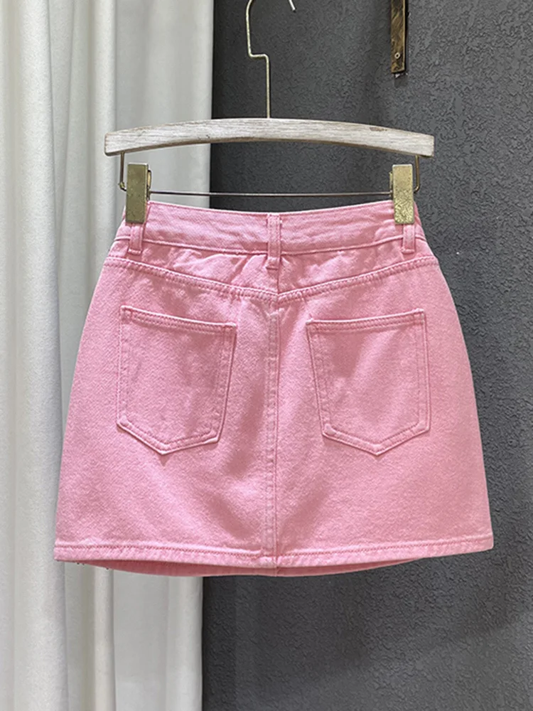 Personality Diamond Splice A-line Denim Skirt for Women's Streetwear High Waist Solid Color Slim Wrap Hip Skirts Female Summer