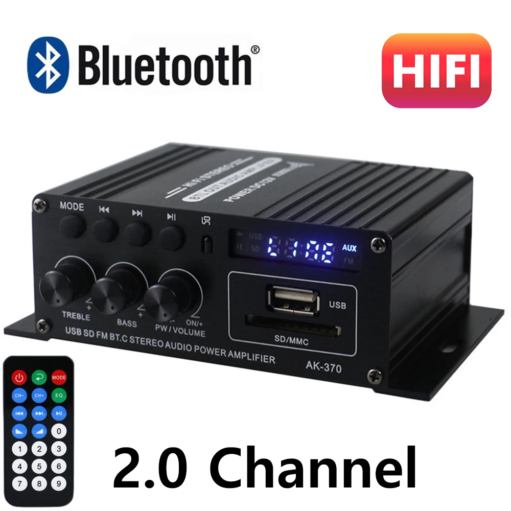 AK370 Bluetooth Amplifier Sound Amp HIFI 2.0 Channel Bass and Treble Adjustment for RCA SD USB Flash Drive USB Audio Input DC12V aiyima audio sound amplifier power supply ac100 240v to dc12v 1 5a adapter eu us uk au plug diy for home power amp charger