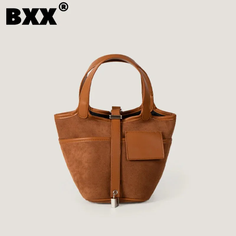

[BXX] Suede Patchwork Handbag For Women 2023 New Vintage Niche Design Portable Bag Female Metal Lock Catch Bucket Bags 8CY1168