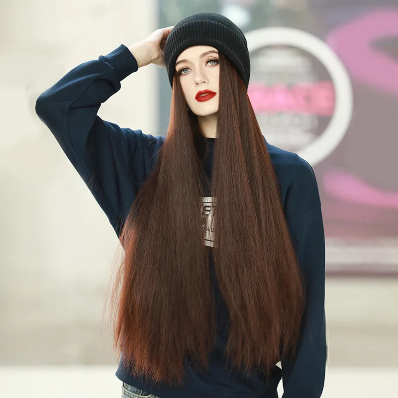 

Natural Wig Hat Women One-piece Wig Hats Elegant Lady Wig Beanies High-quality Long Straight Wigs Bonnets Winter Warm Wig Bonnet