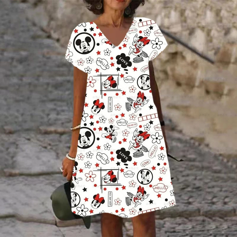 2025 Summer Elegant Women's Disney Minnie Mickey Mouse Printed Dress V Neck Female Short Sleeves Knee Length New Design Dress 2