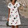 2025 Summer Elegant Women's Disney Minnie Mickey Mouse Printed Dress V Neck Female Short Sleeves Knee Length New Design Dress 2