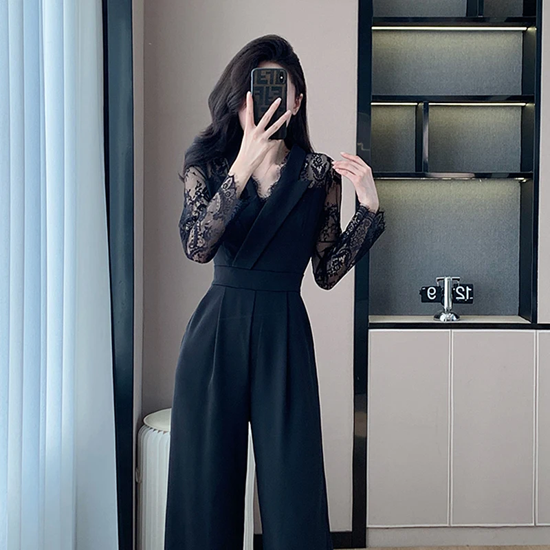 Korean Elegant Lace Patchwork Black Jumpsuit Women Summer High