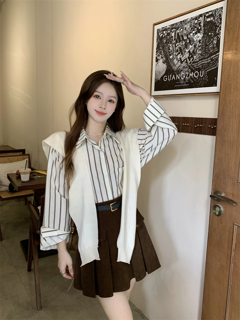 2023 Autumn French Style Striped Long Sleeved Woman Shirts with Fashion Knitted Shawl Two-piece Set Female Students Clothes Set