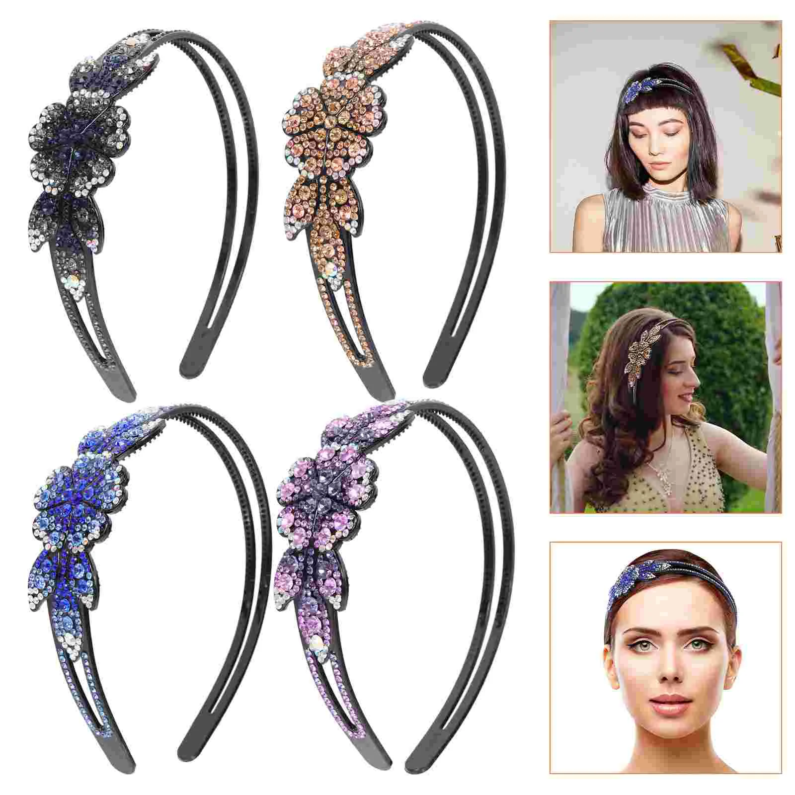 

4 Pcs Rhinestone Headband Decor Decorative Headdress Women Hair with Teeth Comb Wear Headgear