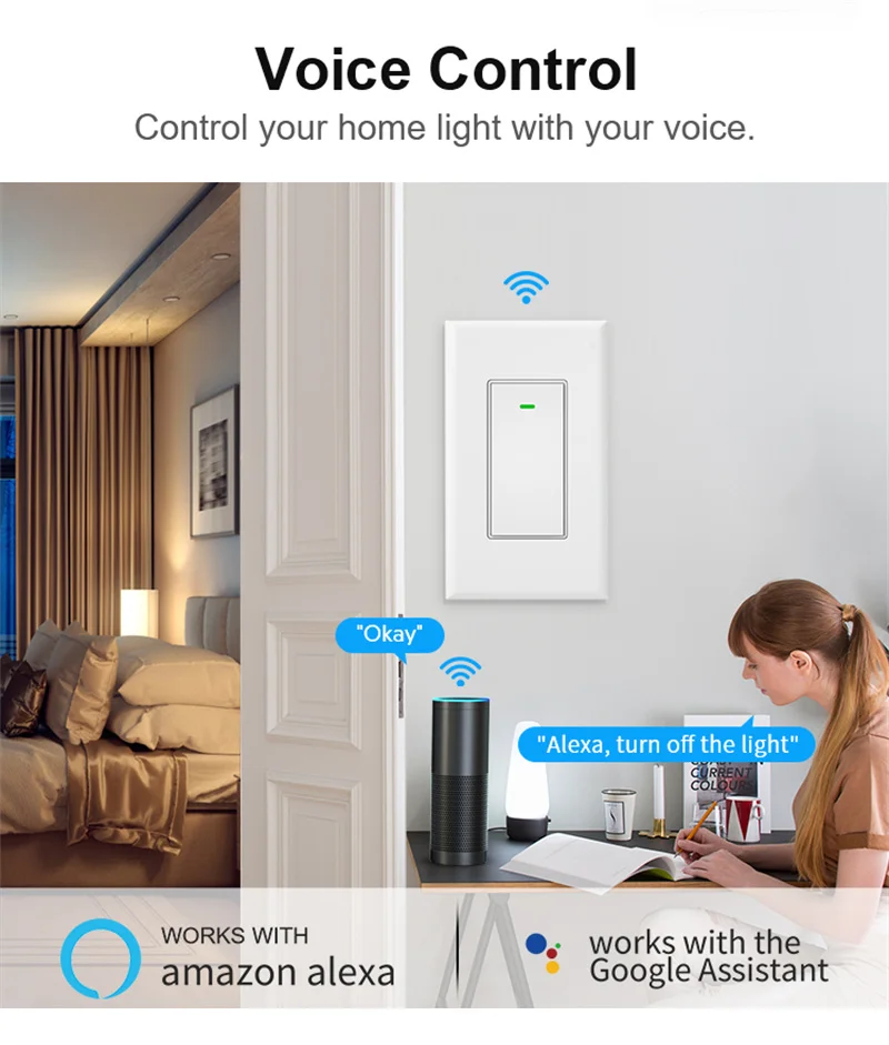Description Picture 5 of itemTuya WiFi Wall Button Switch US Smart Home Wireless Light Physical Switches Voice Remote Control works with Alexa Google Home