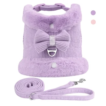 Warm Winter Dog Harness Leash Set Cute Bowknow Puppy Small Dog Vest Harness Soft Fur Collar Vest With Bowtie For Pug Yorkie Pink