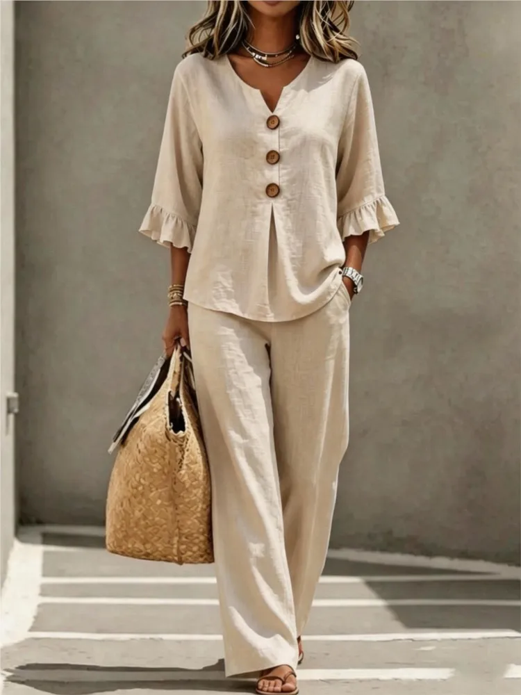 V-neck Ruffled Three-quarter Sleeve Shirt Two-piece Set 2026 Summer Loose Solid Color Top Casual Women Shirt Wide-leg Pants Suit