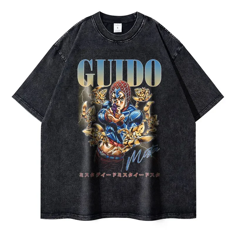 Vintage Washed JoJo's Steel Ball Run Streetwear T-Shirt - Anime Manga Gyro Zeppeli Design in Cotton