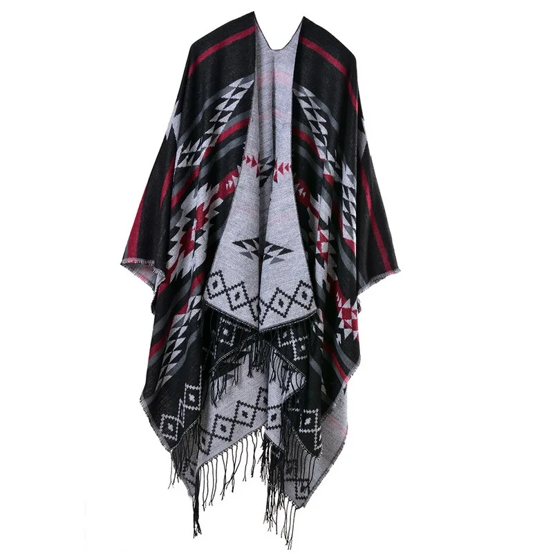 

European American Popular Tassel Thickened Cashmere Like National Style Travel Fork Shawl Scarf in autumn Ponchos Capes P10