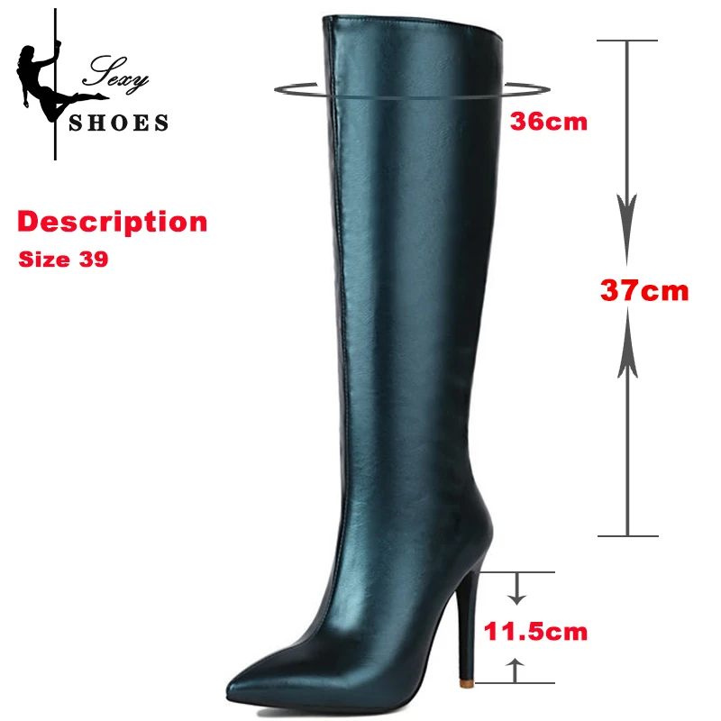 2023 Sexy Knee-High Autumn Winter Women's Boots Point Toe Green Color Zip Thin High Heeled Stretch Boots Size 46 Ladies Stiletto