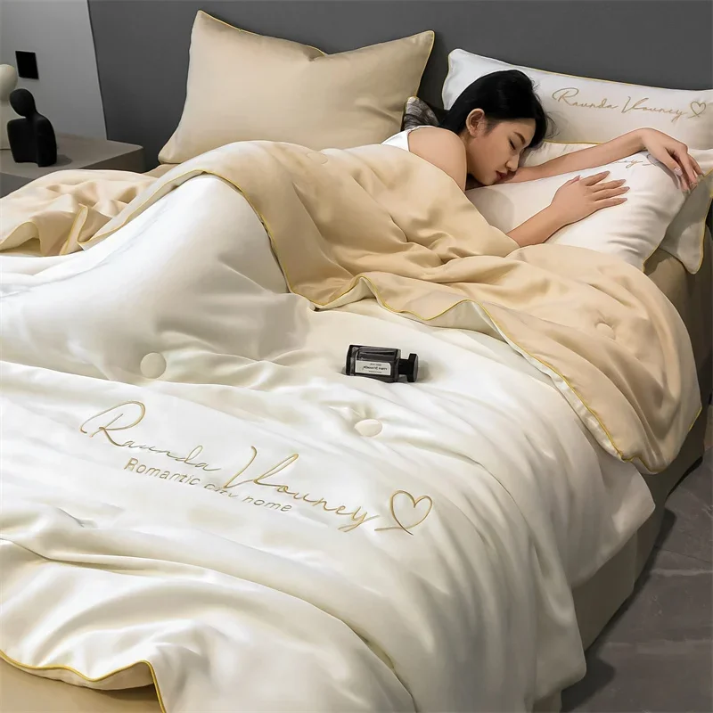 Grade A Washable Ice Silk Summer Quilt Set or 1 Pcs Quilt Skin-friendly  Air Conditioning Embroidered Comforter Summer Blanket