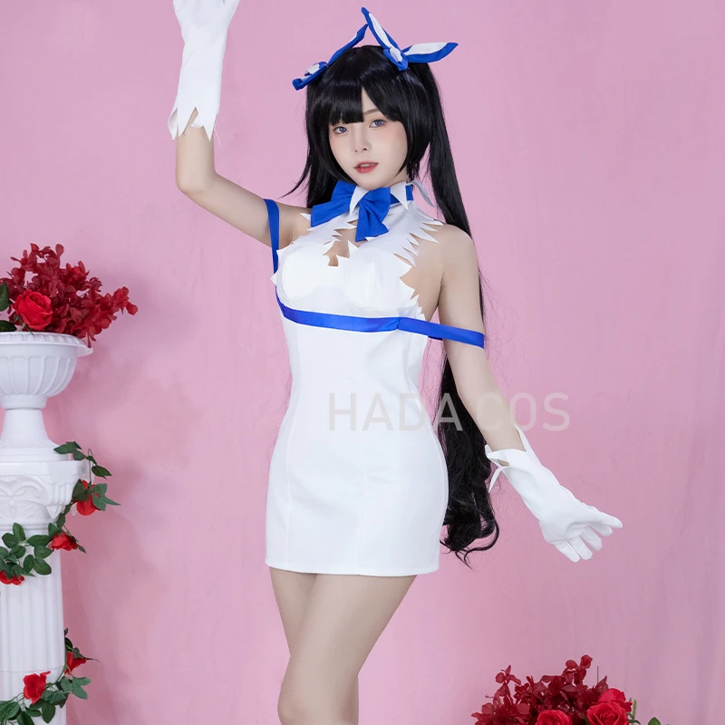 Anime DanMachi Season 4 Hestia Cosplay Costume Wig White Skirt Blue Bow  Gloves Is It Wrong