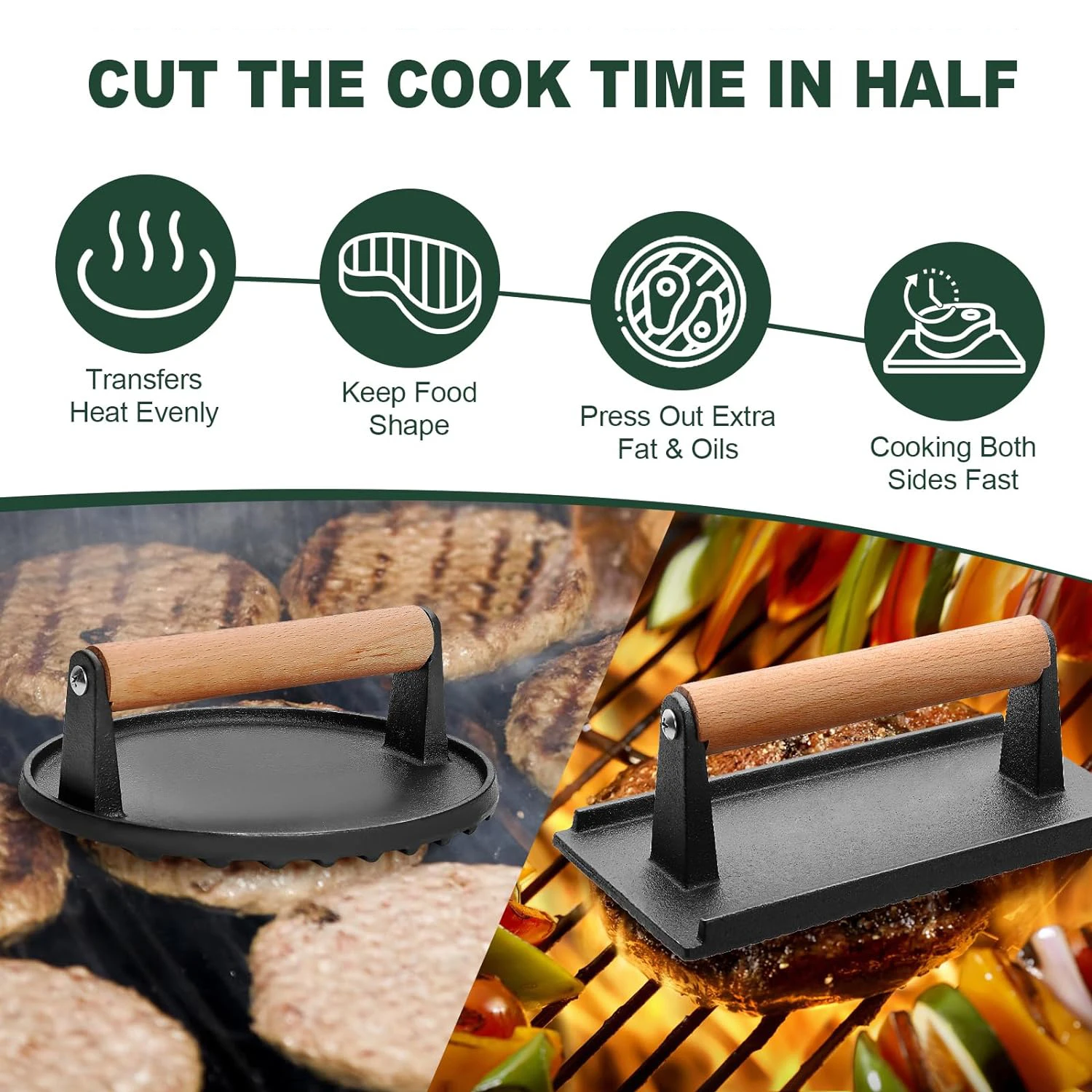 Burger Press Round & Rectangle Heavy Duty Cast Iron Grill Press with Wood Handle Smash Burger Press 1PCS