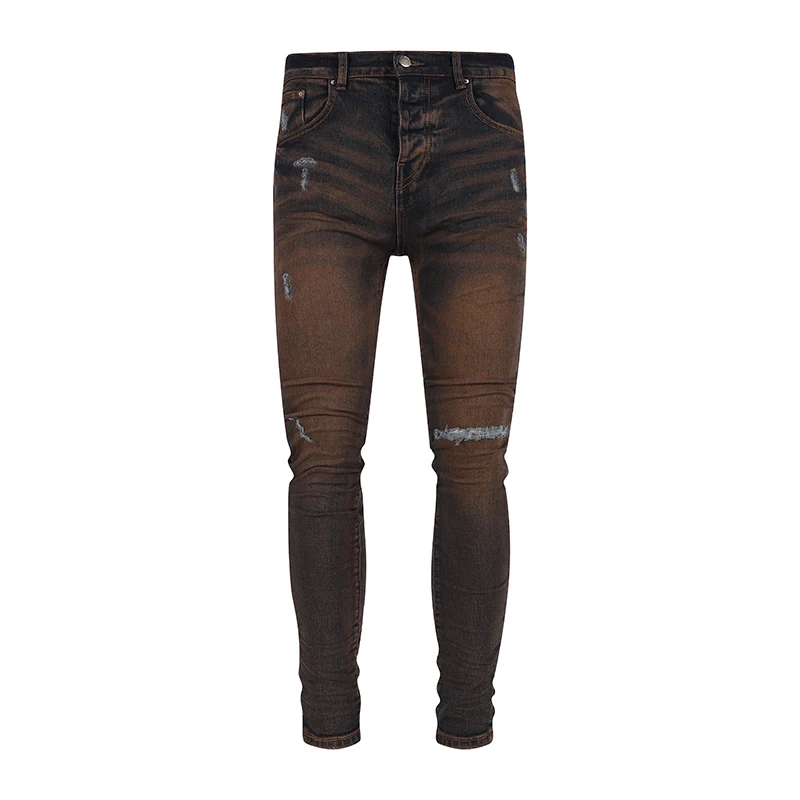 

2023 New Arrival Fashion Style Yellow Mud Color Jeans Men's Ripped Jeans letter embroidery Slim Stretch Denim Pants Trousers