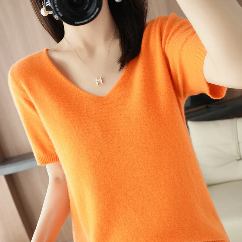 

Дисплей! Красивый весенний шерстяной свитер с V-образным вырезом и коротким рукавом для женщин