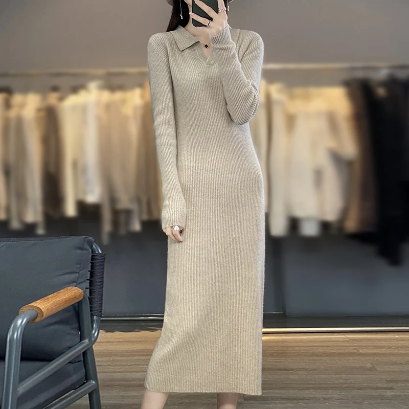 

Autumn and winter new women's 100% pure wool polo neck pullover slim fashion long sweater casual long sleeve dress.
