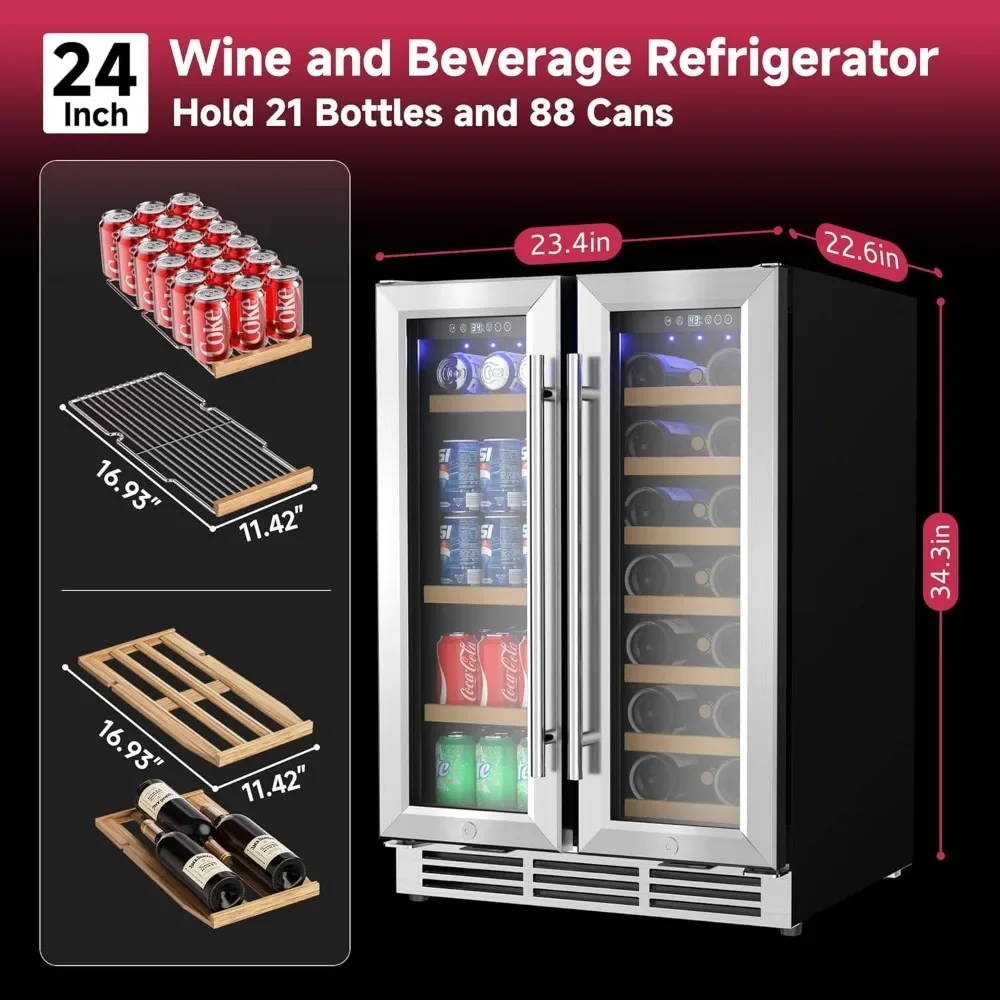 24" Wine Refrigerator Dual Zone Wines Cooler with Glass Door Built in Or Freestanding Under Counter Wine Fridge