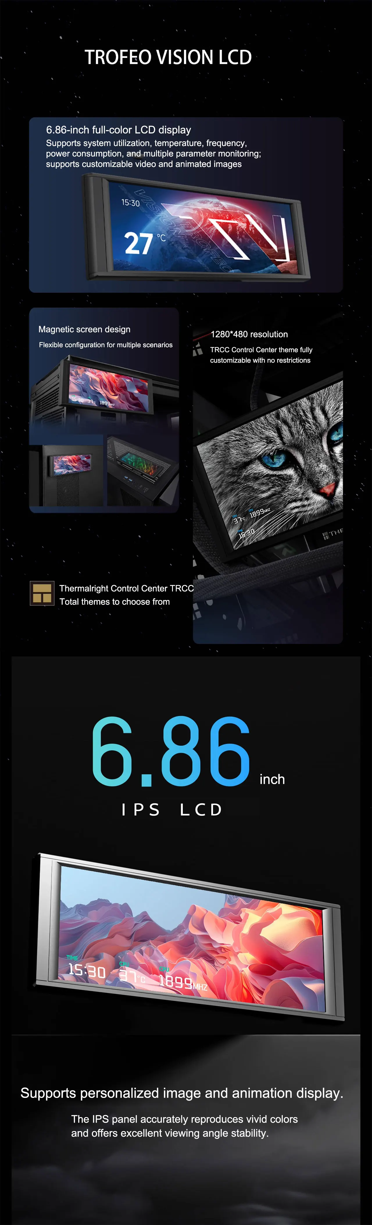 LCD 6.86-inch full-color display USB smart case secondary screen 1280*480 resolu
