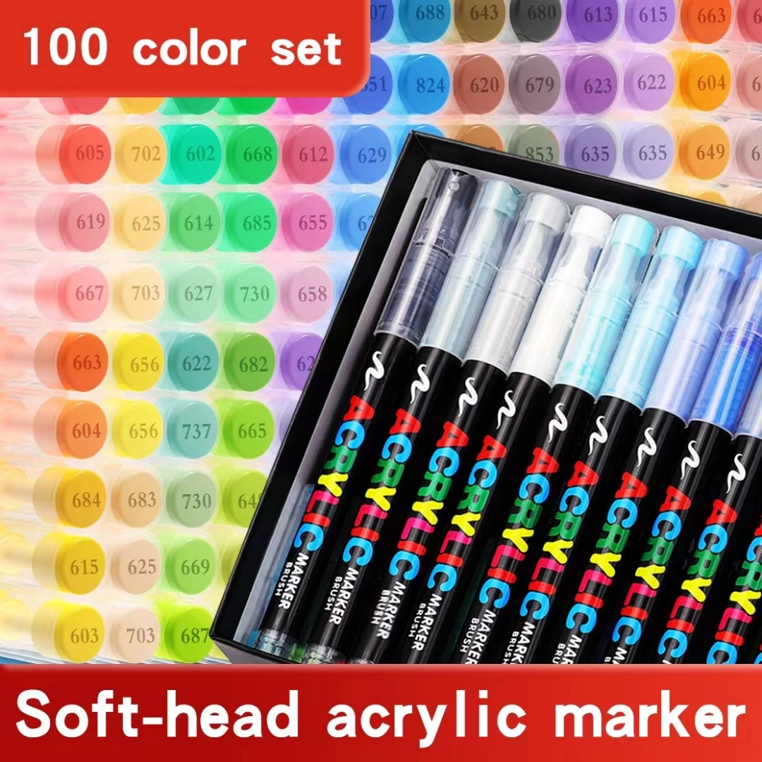 GuangNa 100 Colors Acylic Pigment Set Dual Brush Tips Pen for Drawing Painting Marker Fabric Rok Ceramic Glass Wood Art Supply
