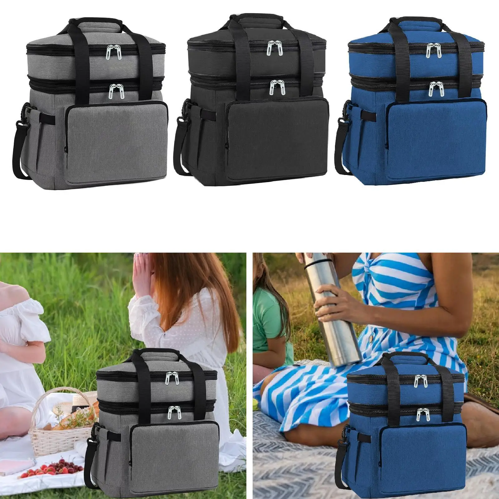 Insulated Cooler Bag 2 Tier 18L Versatile Container Expandable Hot Cold Food Thermal Bag for Travel Work Lunch Picnic Office