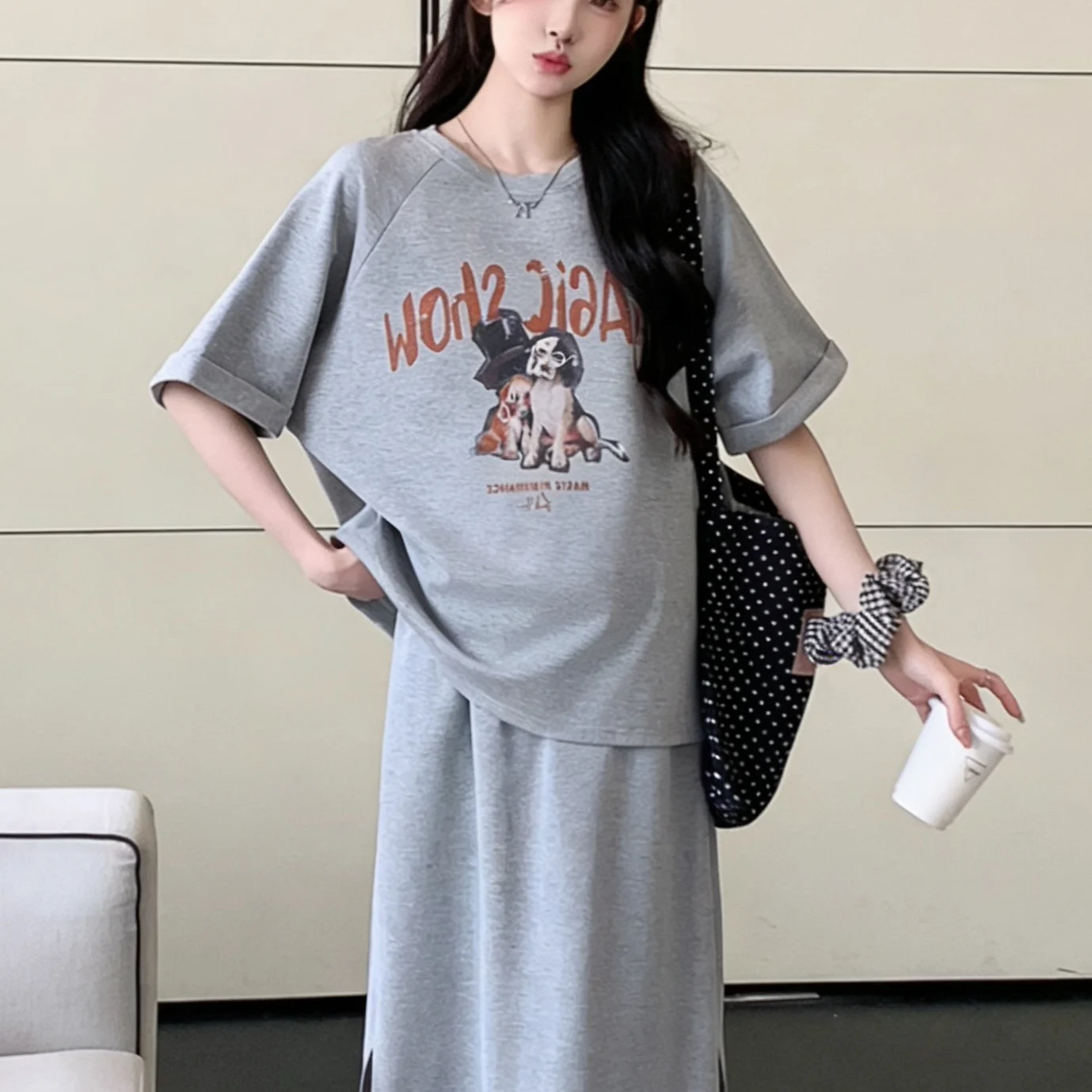 여름 임산부 세트 루즈핏 반팔 티셔츠 상의와 스커트 투피스 캐주얼 면 원피스 임산부를 위한 편안한 의류